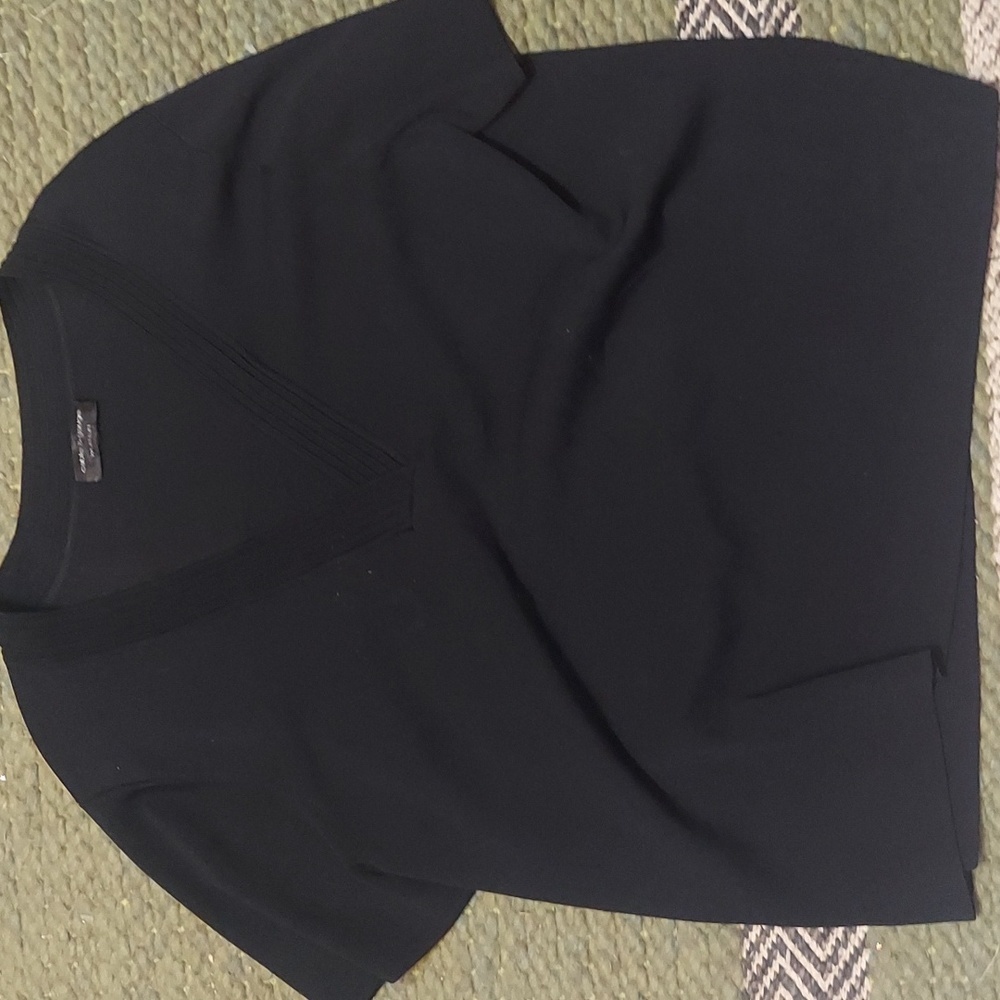 Textured black knit short sleeve super deep v neck sweater.